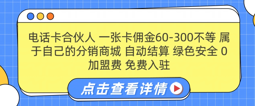 电话卡合伙人，一张卡佣金60-300不等，0加盟费， 搭建属于自己的分销商城，自动结算网赚项目-副业赚钱-互联网创业-资源整合小白项目资源网