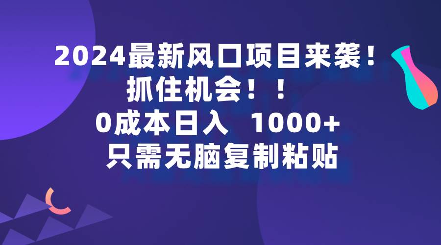 2024最新风口项目来袭，抓住机会，0成本一部手机日入1000+，只需无脑复…网赚项目-副业赚钱-互联网创业-资源整合小白项目资源网