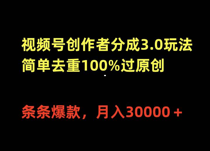 视频号创作者分成3.0玩法，简单去重100%过原创，条条爆款，月入30000＋网赚项目-副业赚钱-互联网创业-资源整合小白项目资源网